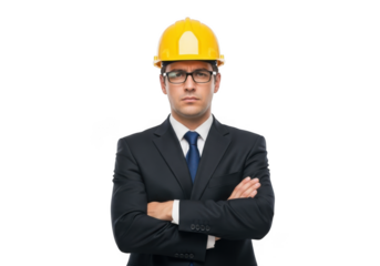 Professional male engineer wearing yellow hard hat and glasses with arms crossed isolated on transparent background