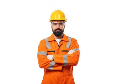 Serious construction worker with beard wearing bright orange safety uniform and yellow hard hat with arms crossed isolated on transparent background