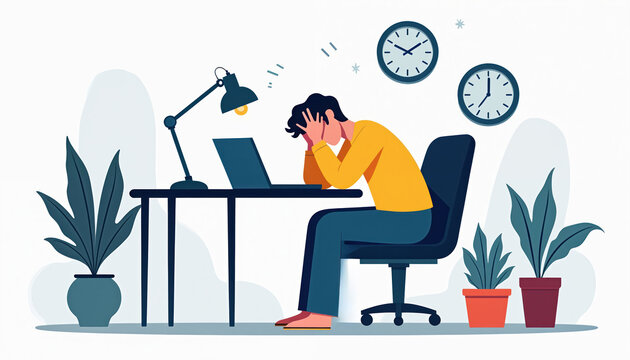 Worried individual sits at desk searching job listings. Person displays anxiety, frustration facing unemployment challenges. Illustration stress related to economic uncertainty, career difficulties.
