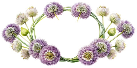 A floral wreath with purple and white allium flowers arranged in a circular design on a black background on transparent background