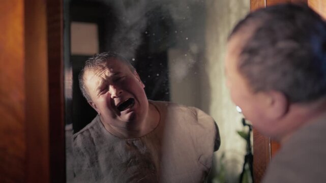 Man psycho in a straitjacket near the mirror seizure depressive.In depression, a person may see a distorted reflection of themselves in the mirror &ndash; a loser, a weak, or worthless person.