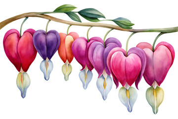 A branch of colorful bleeding heart flowers with leaves against a black background image view on transparent background