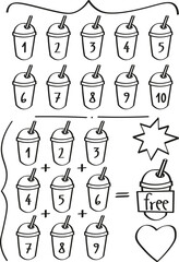 Loyalty Card Template for collecting stamps and have a free drink. Vector in black and white doodle style featuring a plastic cup. Ideal for drinks like juice, coffee, soda, shake, smoothie, ice cream