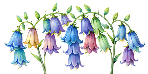 A colorful array of bellflower blossoms hanging gracefully from arching stems against a black background on transparent background