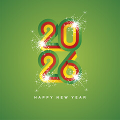 2026 New Year continuous Cameroon ribbon. Abstract green red yellow flag of Cameroon in the shape of 2026 logo with sparkle firework. New Year concept greeting card