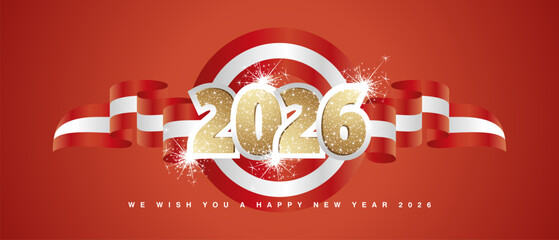 2026 New Year emblem design template with golden glitter number front on Aust4ria Canada Denmark Switzerland red white wavy flag ribbon. 2026 premium design vector sparkle firework on red background