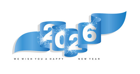 New Year 2026 concept design template with sparkle firework white silver 2026 on light blue wavy ribbon flag. Premium vector design element for poster, banner, greeting card