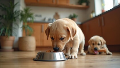 Two labrador puppies eat from bowls in a sunny kitchen. One puppy eats kibble while another chews a bone. Home interior with plants and wooden floor.