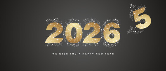 New Year 2026 golden shining bold typography logo with many stars and stardust in the shape of 2026 over all. end of 2025 and beginning of a new year white gold black background greeting card
