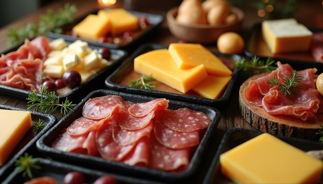 Assortment of cured meats and cheese cubes, with grapes and rosemary sprigs. Meats include salami and prosciutto. Ready for a winter feast or holiday dinner party.
