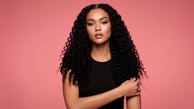 Woman with curly hair poses against a solid pink background