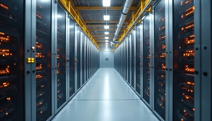 Modern data center aisle with rows of server racks, illuminated by bright overhead lights and glowing orange server lights. This sterile high tech facility houses powerful computer systems.