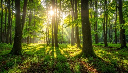 Forest sunlight shining through trees.