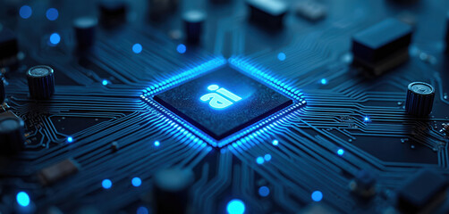 Close-up view of glowing blue AI chip on complex circuit board. Digital network connections, microprocessors create futuristic technological theme. Artificial intelligence unit powers data processing.
