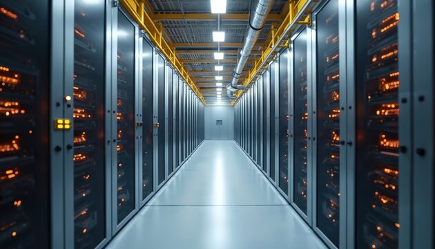 Modern data center aisle with rows of server racks, illuminated by bright overhead lights and glowing orange server lights. This sterile high tech facility houses powerful computer systems.