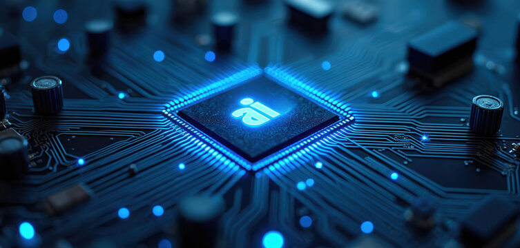 Close-up view of glowing blue AI chip on complex circuit board. Digital network connections, microprocessors create futuristic technological theme. Artificial intelligence unit powers data processing.