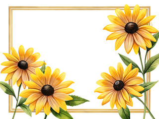 Watercolor sunflowers with green leaves arranged around a gold frame on a transparent background