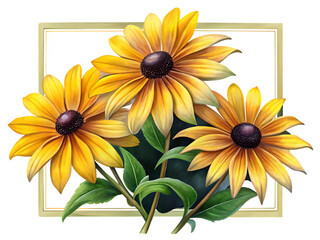 Illustration of three yellow flowers with dark centers in a light green frame on black background on transparent background