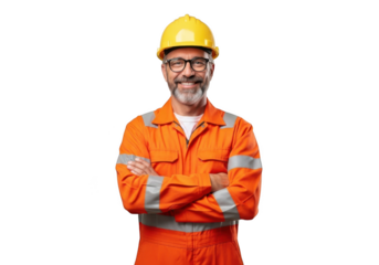 Smiling bearded man wearing yellow hard hat and orange safety workwear with arms crossed isolated on transparent background