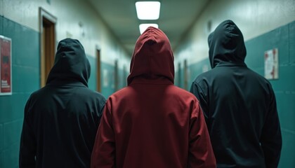 Three young people in dark hooded sweatshirts walk away down long, dim institutional hallway. One wears red hoodie, two wear black. Group suggests anonymity, potential youth crime, social problems
