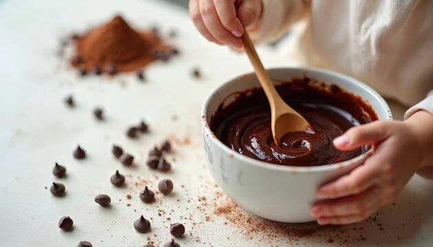 Child hands mixing chocolate batter in bowl. Cocoa powder and chips on table. Baking process involves kid hands holding wooden spoon. Homemade sweet dessert preparation. - Powered by Adobe