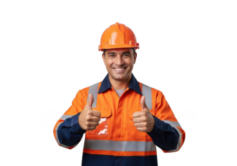 Smiling construction worker wearing orange safety vest and hard hat giving two thumbs up gesture isolated on transparent background