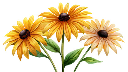 A trio of rudbeckia flowers with yellow petals and dark centers on a black background image view on transparent background