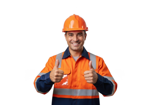 Smiling construction worker wearing orange safety vest and hard hat giving two thumbs up gesture isolated on transparent background