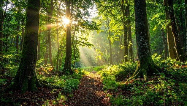 Forest trail with sunlight streaming through trees.