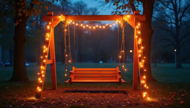 Wooden swing set with fairy lights in park at twilight. Empty playground swing sits under trees, evoking childhood memories. Peaceful evening scene glows with warm light. - Powered by Adobe