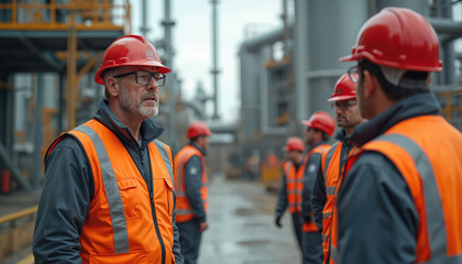 Mature engineer in hard hat briefs workers in safety vests at industrial plant entrance. Team ready for shift, discussing operations by factory gate. Men in uniform await instructions.