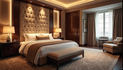 Luxurious hotel bedroom interior with elegant decor. Comfortable room features large bed stylish furniture cozy sitting area. The space has soft lighting rich textures creating relaxing atmosphere.