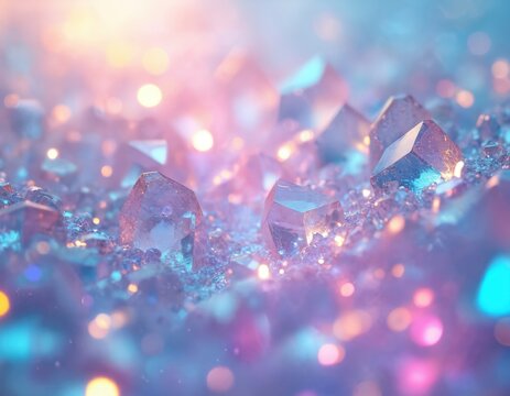 Shiny crystals on colorful background with bright lights. Sparkling gemstones in pastel colors. Faceted crystals with holographic effect. Glossy precious stones on blurred spectrum. Luxurious jewels