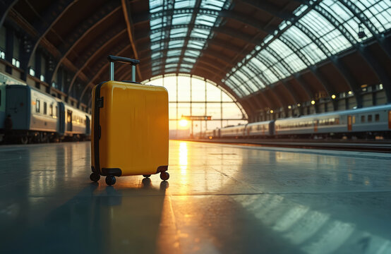 A yellow suitcase rests on a train platform at dawn or dusk. Trains wait on tracks under a grand arched station ceiling. The scene evokes travel anticipation and potential isolation.