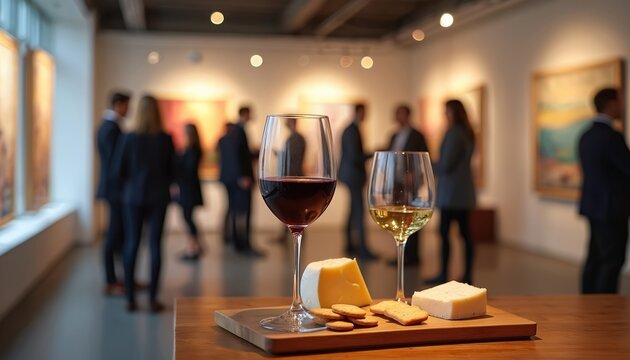 People attend art exhibition opening event. Guests socialize, view paintings, drink wine, taste cheese. Elegant atmosphere, cultural gathering, art lovers mingle. Business networking happens.