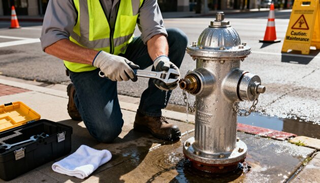 Professional examining and cleaning fire hydrant components on a city street securing essential water supply for emergency responders.