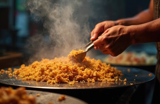 Chef prepares kottu roti on hot steel grill. Steam rises from spicy rice dish. Hands mix food with utensil at street stall. Delicious Asian fast food.