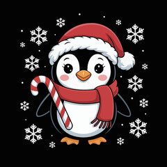 A cute penguin wears a Santa hat and scarf, holding a candy cane. Snowflakes surround the penguin, enhancing the festive theme.