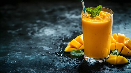 Tropical Mango Smoothie: Blended Organic Fruit Drink with a Refreshing Mint Garnish