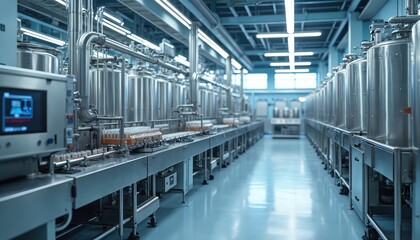 Fototapeta premium Modern factory floor shows automated cosmetic production line. Stainless steel tanks process products. Small bottles move on conveyor belts. High tech machinery works in clean, organized industry