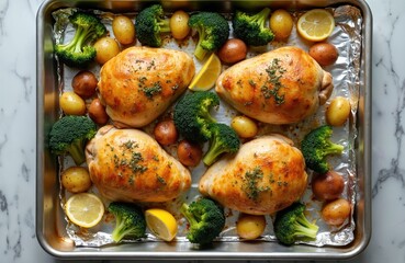 Golden brown roasted chicken pieces, small baby potatoes, vibrant green broccoli florets perfectly baked together on large foil-lined sheet pan. Fresh lemon slices, savory herbs generously season