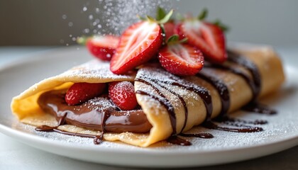 Delicious crepe with chocolate filling, fresh strawberries on plate. Sweet dessert drizzled with syrup, sprinkled with powdered sugar. Tasty pancake for gourmet breakfast brunch. Mouth-watering