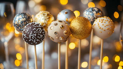 Culinary Art: Assorted Festive Lollipops with Icing Details and Golden Decorations