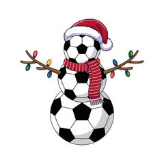 A whimsical snowman made from soccer balls is adorned with a red Santa hat and scarf. Its stick arms are decorated with colorful lights.