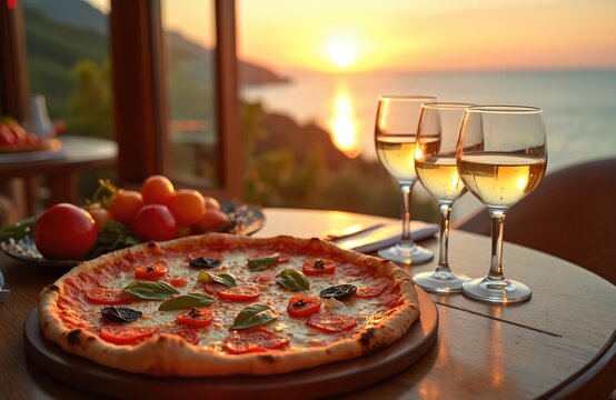 Fresh pizza and white wine glasses on table. Ocean sunset view from restaurant balcony. Warm light illuminates Italian meal. Enjoy romantic dinner by the sea.