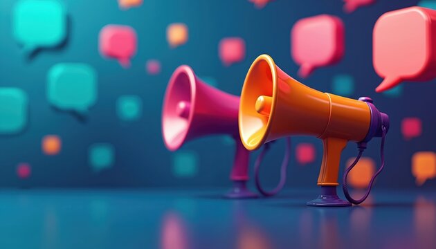 Three 3D megaphones in different colors stand on blue background with vibrant speech bubbles around representing communication, information sharing. Megaphones modern symbols of loud announcement,
