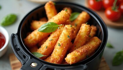 Crispy mozzarella sticks in air fryer. Golden fried cheese snacks in black basket with fresh basil and cherry tomatoes. Quick and easy appetizer idea for a party.