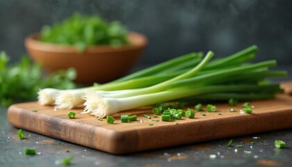 Fresh green onions arranged on wooden cutting board. Chopped scallions scattered near the whole bunch. Culinary photo of raw, organic ingredients used for cooking healthy food.