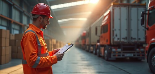 Warehouse worker in orange uniform checks cargo trucks on checklist clipboard. Logistics manager reviews fleet records near parked transport vehicles and boxes. Supply chain operations oversight.