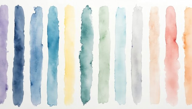 Watercolor brush strokes form various colored stripes on white. Abstract art strokes of paint creates backdrop. Perfect for artistic projects. Tender colors, hand drawn lines of colorful aquarelle.